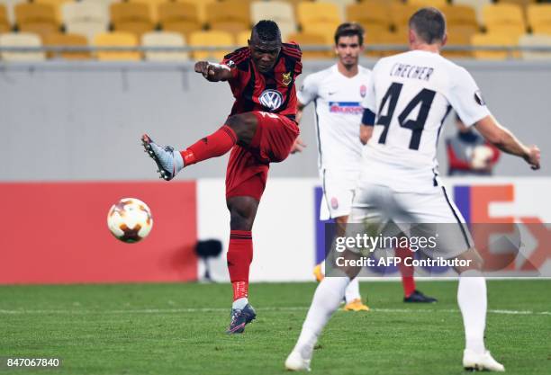 Ostersund forward Salisu Abdullahi Gero shoots and scores a goal during the UEFA Europa League Group J football match between Zorya Lugansk and...