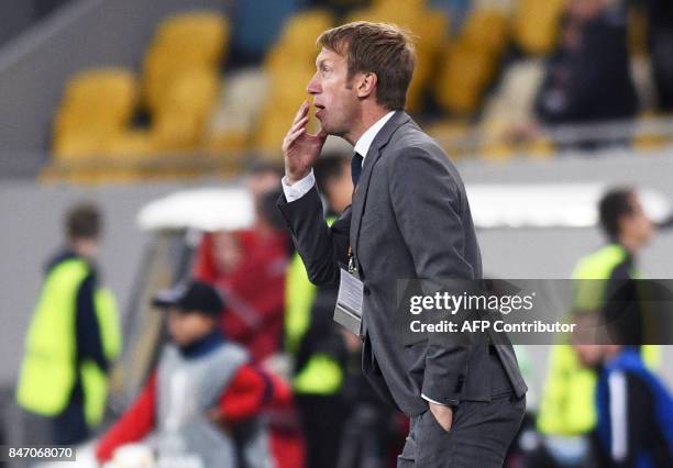 Ostersund's head coach Graham Potter reacts during the UEFA Europa League Group J football match between Zorya Lugansk and Ostersunds FK in Lviv on...