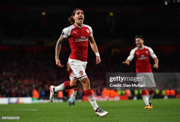 Hector Bellerin of Arsenal celebrates scoring the 3rd arsenal goal during the UEFA Europa League group H match between Arsenal FC and 1. FC Koeln at...