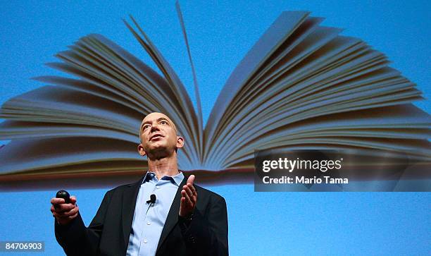 Amazon.com founder and CEO Jeffrey P. Bezos speaks at an event unveiling the new Amazon Kindle 2.0 at the Morgan Library & Museum February 9, 2009 in...