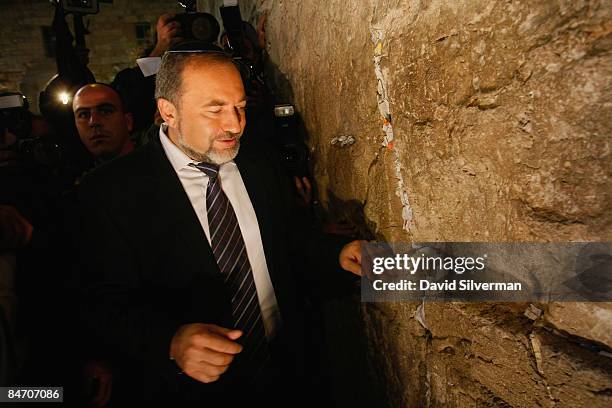 Ultra-nationalist Israeli politician Avigdor Lieberman, head of the right-wing Yisrael Beitinu party, prays at the Western Wall, Judaism's holiest...