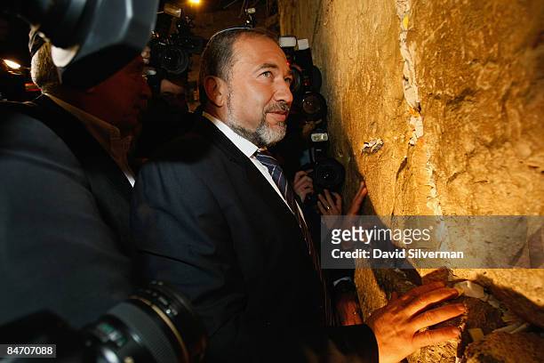Ultra-nationalist Israeli politician Avigdor Lieberman, head of the right-wing Yisrael Beitinu party, prays at the Western Wall, Judaism's holiest...
