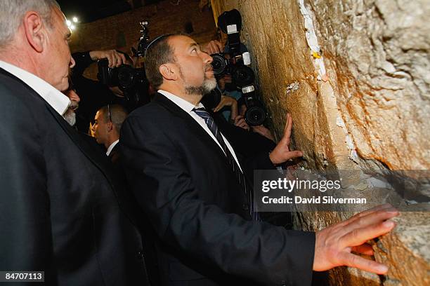 Ultra-nationalist Israeli politician Avigdor Lieberman, head of the right-wing Yisrael Beitinu party, prays at the Western Wall, Judaism's holiest...