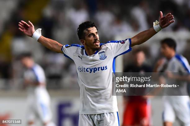 Joao Pedro of Apollon Limassol reacts after his team's equalidsing goal during the UEFA Europa League group E match between Apollon Limassol and...