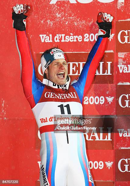 Julien Lizeroux of France celebrates winning silver in the Men's Super Combined event held on the Face de Bellevarde course on February 9, 2009 in...