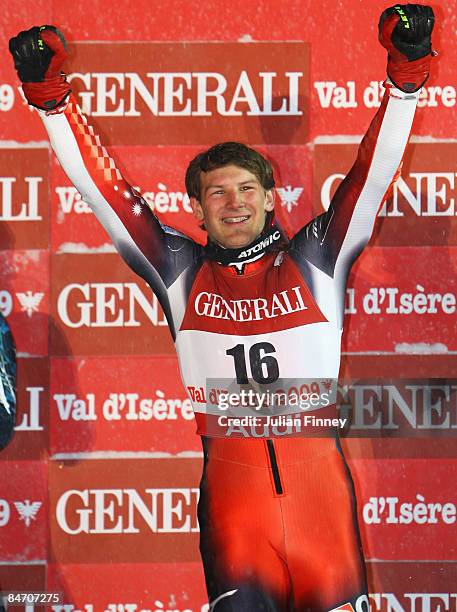 Bronze medalist Natko Zrncic-Dim of Croatia celebrates at the Medal Ceremony following the Men's Super Combined event held on the Face de Bellevarde...