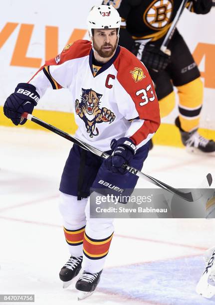 Willie Mitchell of the Florida Panthers plays in the game against the Boston Bruins at TD Garden on March 31, 2015 in Boston, Massachusetts.