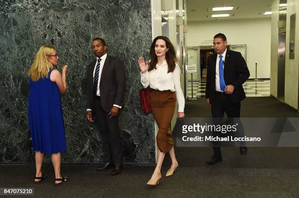Actress and Special Envoy to the United Nations High Commissioner for Refugees Angelina Jolie visits The United Nations on September 14, 2017 in New...
