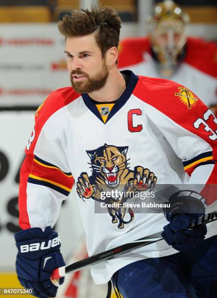 Willie Mitchell of the Florida Panthers warms up before the game against the Boston Bruins at TD Garden on March 31, 2015 in Boston, Massachusetts.
