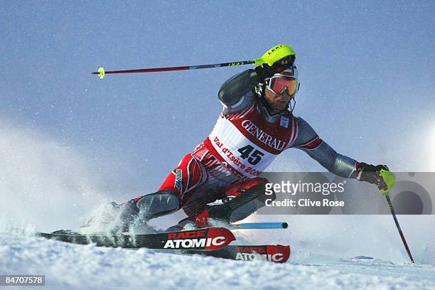 Maciej Bydlinski of Poland skis during the Men's Super Combined event held on the Face de Bellevarde course on February 9, 2009 in Val d'Isere,...