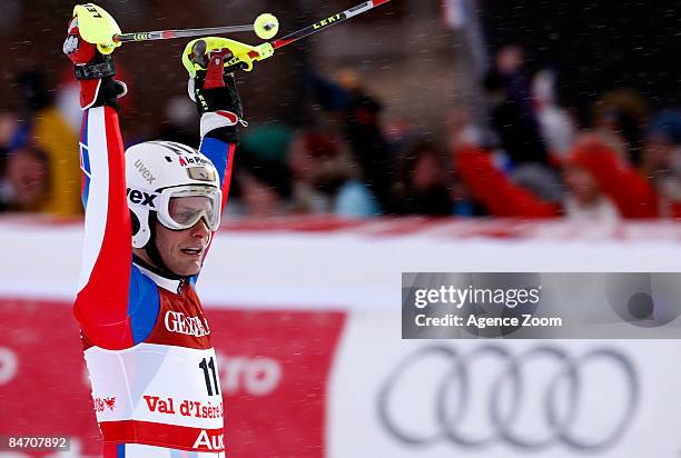 Julien Lizeroux of France takes 2nd Place during the Alpine FIS Ski World Championships Men's Super Combined on February 09, 2009 in Val d'Isere,...