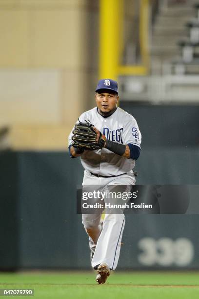 Erick Aybar of the San Diego Padres makes a play at shortstop against the Minnesota Twins during the game on September 13, 2017 at Target Field in...