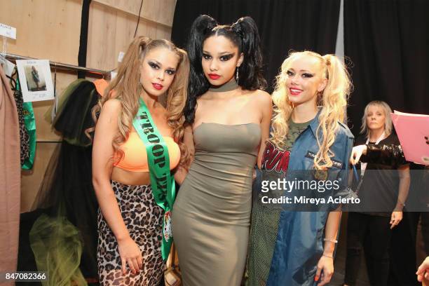 Models pose backstage at the Tumbler And Tipsy By Michael Kuluva fashion show during New York Fashion Week: Style360 at Metropolitan Pavilion on...