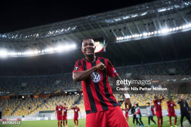 Alhaji Gero of Ostersunds FK celebrates after the victory during the UEFA Europa League group J match between Zorya Lugansk and Ostersunds FK at...