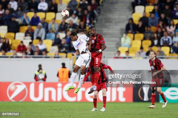 Iury Lirio Freitas De Castilho of Zorya Luhansk and Alhaji Gero of Ostersunds FK competes for the ball during the UEFA Europa League group J match...