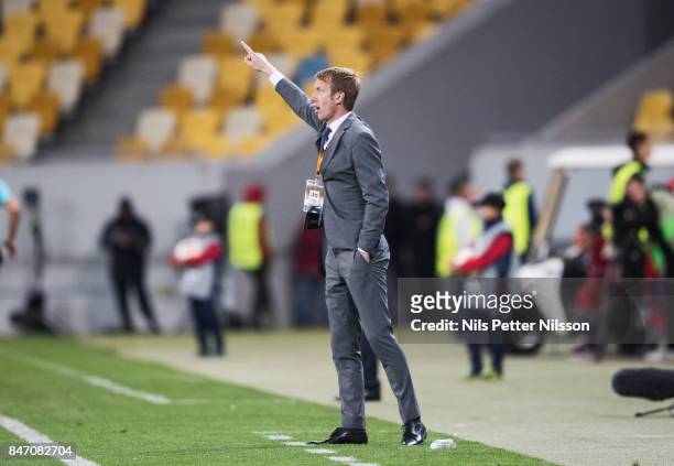 Graham Potter, head coach of Ostersunds FK during the UEFA Europa League group J match between Zorya Lugansk and Ostersunds FK at Arena Lviv on...