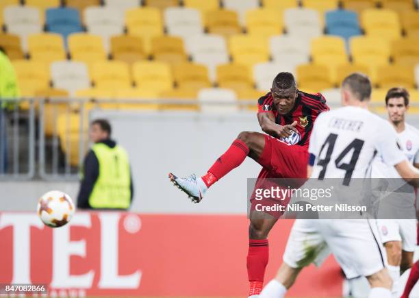 Alhaji Gero of Ostersunds FK scores the decisive goal to 0-2 during the UEFA Europa League group J match between Zorya Lugansk and Ostersunds FK at...