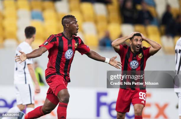 Alhaji Gero of Ostersunds FK celebrates after scoring to 0-2 during the UEFA Europa League group J match between Zorya Lugansk and Ostersunds FK at...