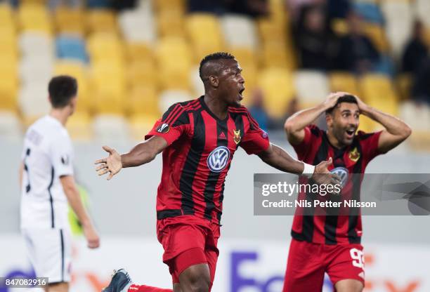 Alhaji Gero of Ostersunds FK celebrates after scoring to 0-2 during the UEFA Europa League group J match between Zorya Lugansk and Ostersunds FK at...