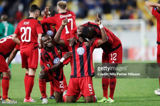 Alhaji Gero of Ostersunds FK celebrates after scoring to 0-2 during the UEFA Europa League group J match between Zorya Lugansk and Ostersunds FK at...