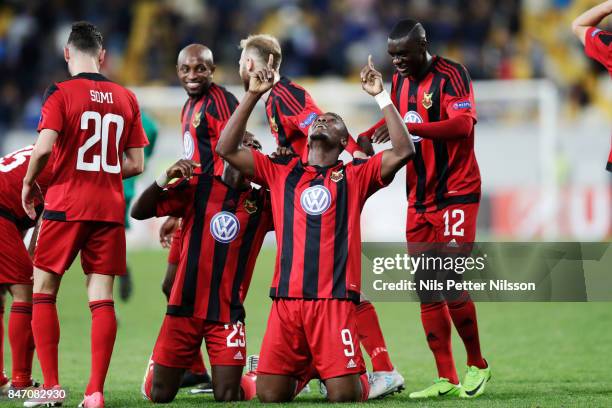 Alhaji Gero of Ostersunds FK celebrates after scoring to 0-2 during the UEFA Europa League group J match between Zorya Lugansk and Ostersunds FK at...