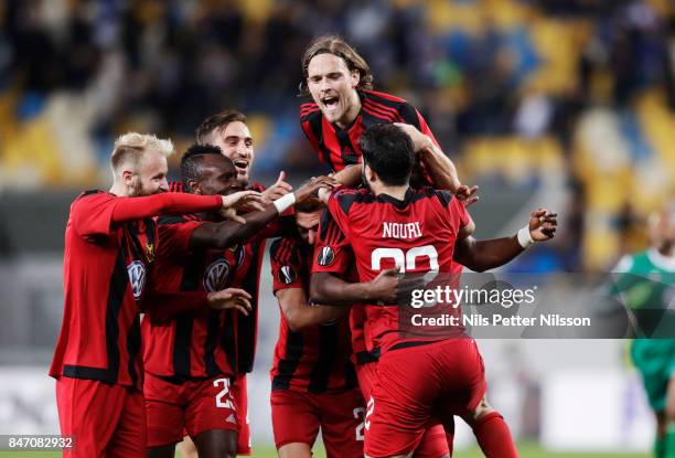 Alhaji Gero of Ostersunds FK celebrates after scoring to 0-2 during the UEFA Europa League group J match between Zorya Lugansk and Ostersunds FK at...