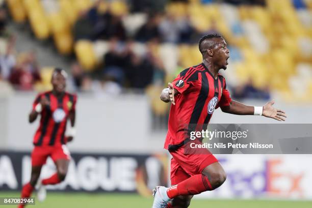 Alhaji Gero of Ostersunds FK celebrates after scoring to 0-2 during the UEFA Europa League group J match between Zorya Lugansk and Ostersunds FK at...