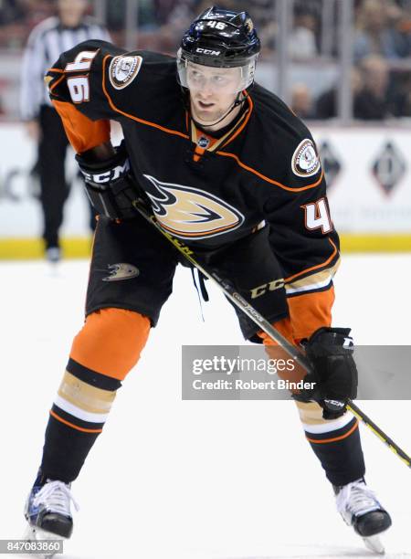 Jiri Sekac of the Anaheim Ducks plays in the game against the Colorado Avalanche at Honda Center on March 20, 2015 in Anaheim, California.