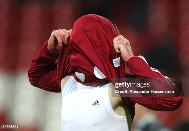 Marek Mintal of Nuernberg reacts during the Second Bundesliga match between 1. FC Nuernberg and 1. FC Kaiserslautern at the easyCredit stadium on...