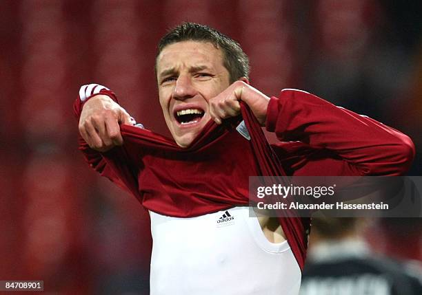 Marek Mintal of Nuernberg reacts during the Second Bundesliga match between 1. FC Nuernberg and 1. FC Kaiserslautern at the easyCredit stadium on...