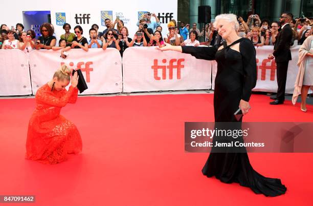 Actresses Annie Starke and Glenn Close attend the 'The Wife' premiere during the 2017 Toronto International Film Festival at Roy Thomson Hall on...