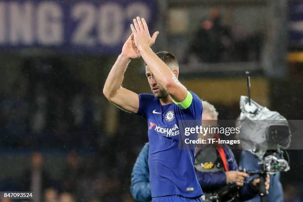 Gary Cahill of Chelsea celebrate their win during the UEFA Champions League group C match between Chelsea FC and Qarabag FK at Stamford Bridge on...