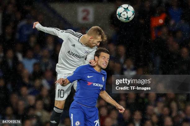 Pedro Henrique of Qarabag und Cesar Azpilicueta of Chelsea battle for the ball during the UEFA Champions League group C match between Chelsea FC and...