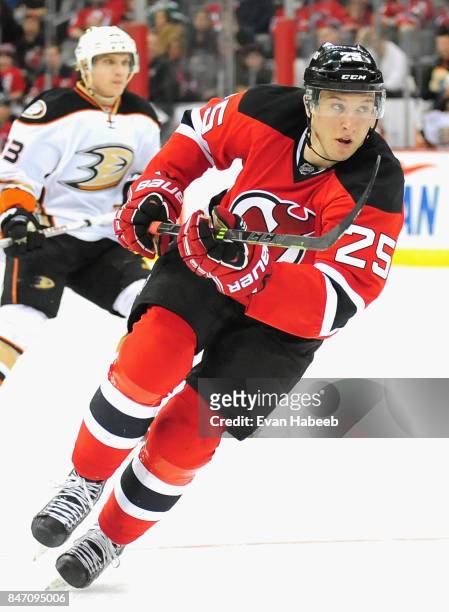 Stefan Matteau of the New Jersey Devils plays in the game against the Anaheim Ducks at Prudential Center on March 29, 2015 in Newark, New Jersey.