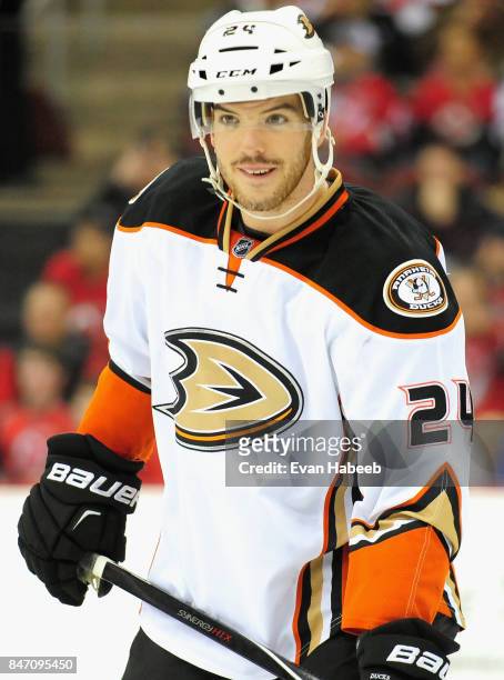 Simon Despres of the Anaheim Ducks plays in the game against the New Jersey Devils at Prudential Center on March 29, 2015 in Newark, New Jersey.