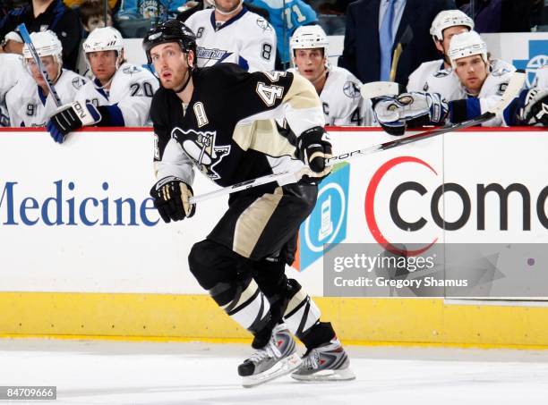 Brooks Orpik of the Pittsburgh Penguins skates against the Tampa Bay Lightning on February 4, 2009 at Mellon Arena in Pittsburgh, Pennsylvania.