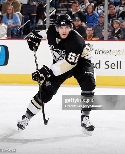 Luca Caputi of the Pittsburgh Penguins skates against the Tampa Bay Lightning on February 4, 2009 at Mellon Arena in Pittsburgh, Pennsylvania.