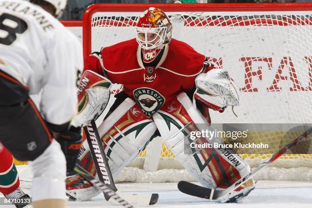 Niklas Backstrom of the Minnesota Wild defends his goal against the Anaheim Ducks during the game at the Xcel Energy Center on February 4, 2009 in...