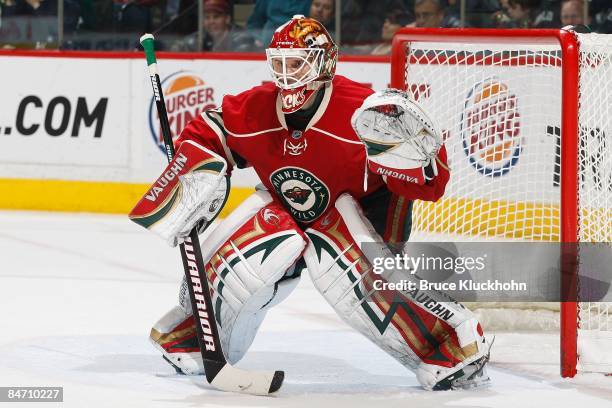 Niklas Backstrom of the Minnesota Wild defends his goal against the Nashville Predators during the game at the Xcel Energy Center on February 6, 2009...