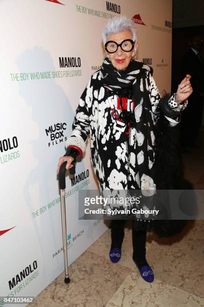 Iris Apfel attends the premiere of "Manolo: The Boy Who Made Shoes for Lizards", hosted by Manolo Blahnik with The Cinema Society on September 14,...