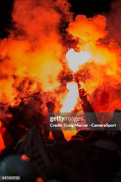 Koln fans light flares during the UEFA Europa League group H match between Arsenal FC and 1. FC Koeln at on September 14, 2017 in London, England.