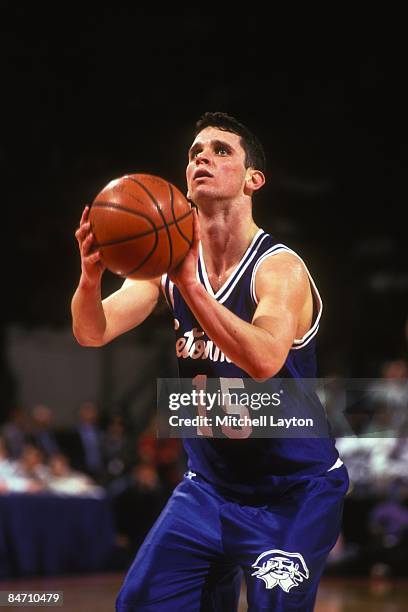 Danny Hurley of the Seton Hall Pirates takes a foul shot during a college basketball game against the Georgetown Hoyas on March 1, 1995 at USAir...