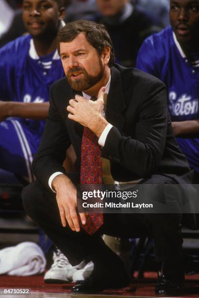 Carlesimo, head coach of the Seton Hall Pirates, during a college basketball game against the Georgetown Hoyas on February 5, 1994 at USAir Arena in...