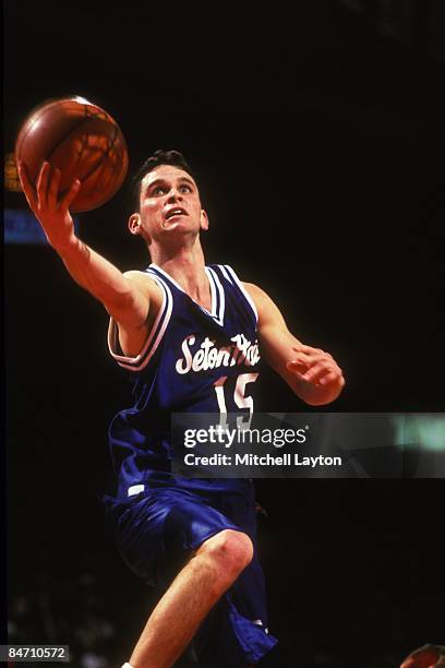 Danny Hurley of the Seton Hall Pirates goes to the basket during a college basketball game against the Georgetown Hoyas on March 1, 1995 at USAir...