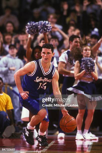 Danny Hurley of the Seton Hall Pirates goes dribbles up court during a college basketball game against the Georgetown Hoyas on March 1, 1995 at USAir...