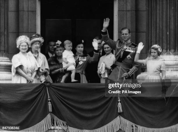 *Scanned low-res from print* Left to right; the Queen Mother; the Princess Royal; Princess Alice, Countess of Athlone; Queen Elizabeth II holding...