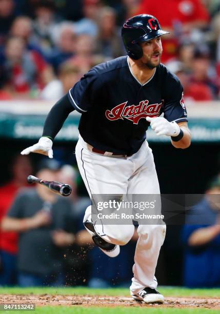 Lonnie Chisenhall of the Cleveland Indians hits a RBI single off Jakob Junis of the Kansas City Royals during the third inning at Progressive Field...