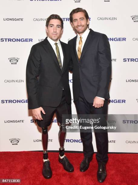 Jeff Bauman and Jake Gyllenhaal attend the "Stronger" New York Premiere at Walter Reade Theater on September 14, 2017 in New York City.