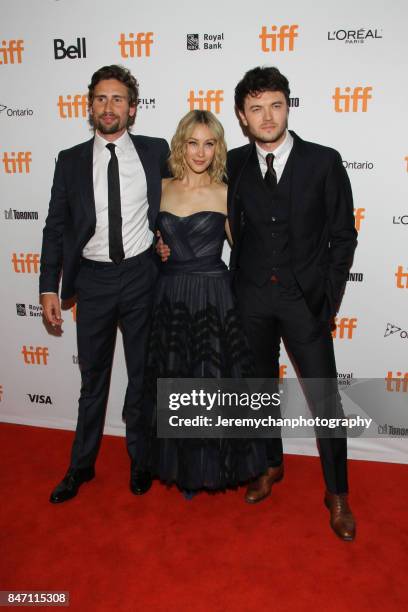 Actors Edward Holcroft, Sarah Gadon, and Kerr Logan attend the "Alias Grace" Premiere held at Winter Garden Theatre during the 2017 Toronto...