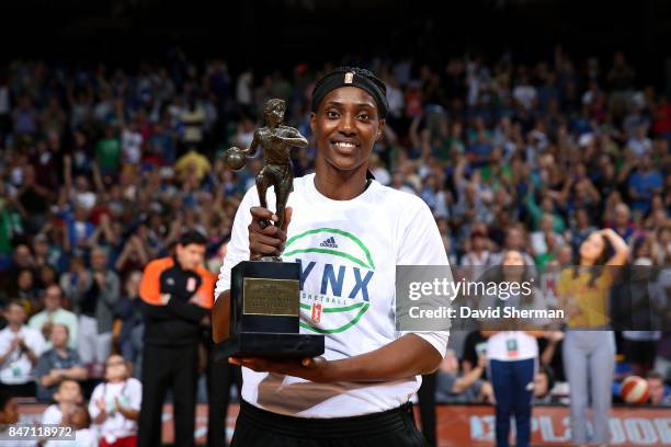 Sylvia Fowles of the Minnesota Lynx poses for a picture with the 2017 MVP trophy before the game in Game Two of the Semifinals during the 2017 WNBA...